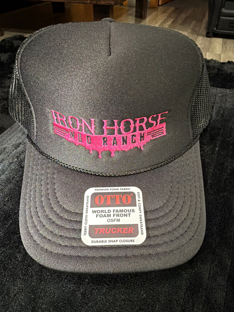 Black Foam Trucker hat with neon pink logo