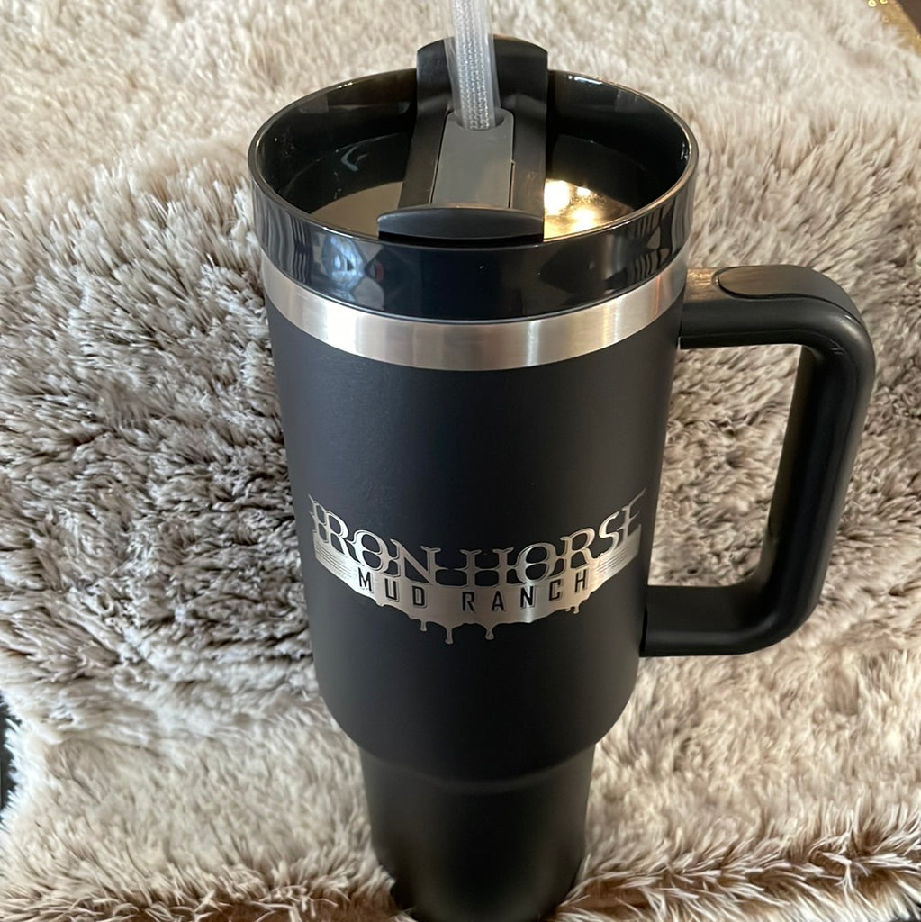 40oz Black Tumbler with handle with a IHMR logo.