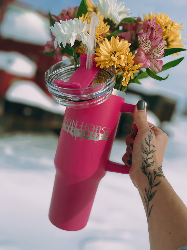 40oz Hot Pink tumbler with handle.